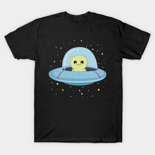 alien cat flying alien saucer T-Shirt